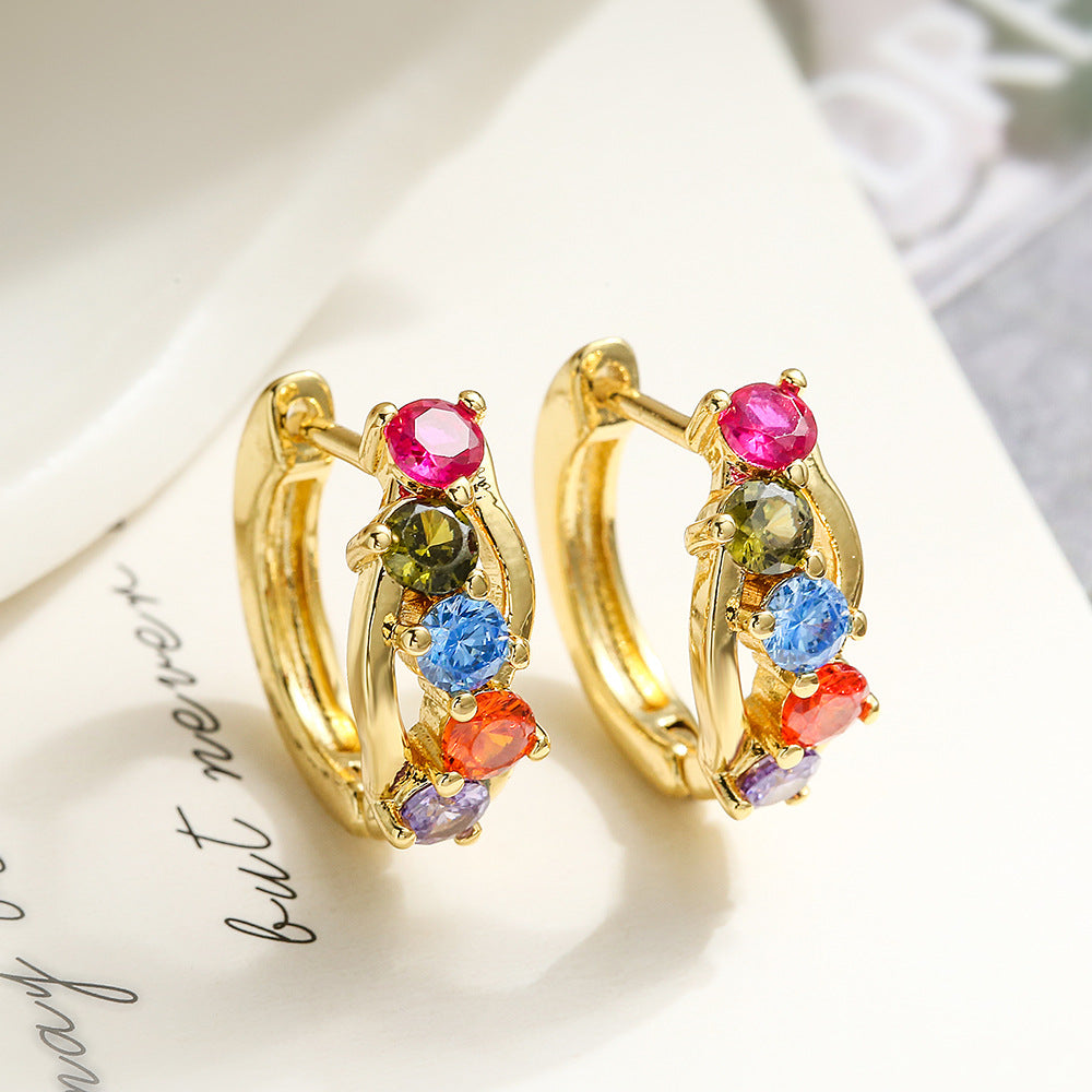 Orecchini a Cerchio Geometrici Minimalisti in Rame con Placcatura in Oro 18K e Accenti di Zirconi per Donne