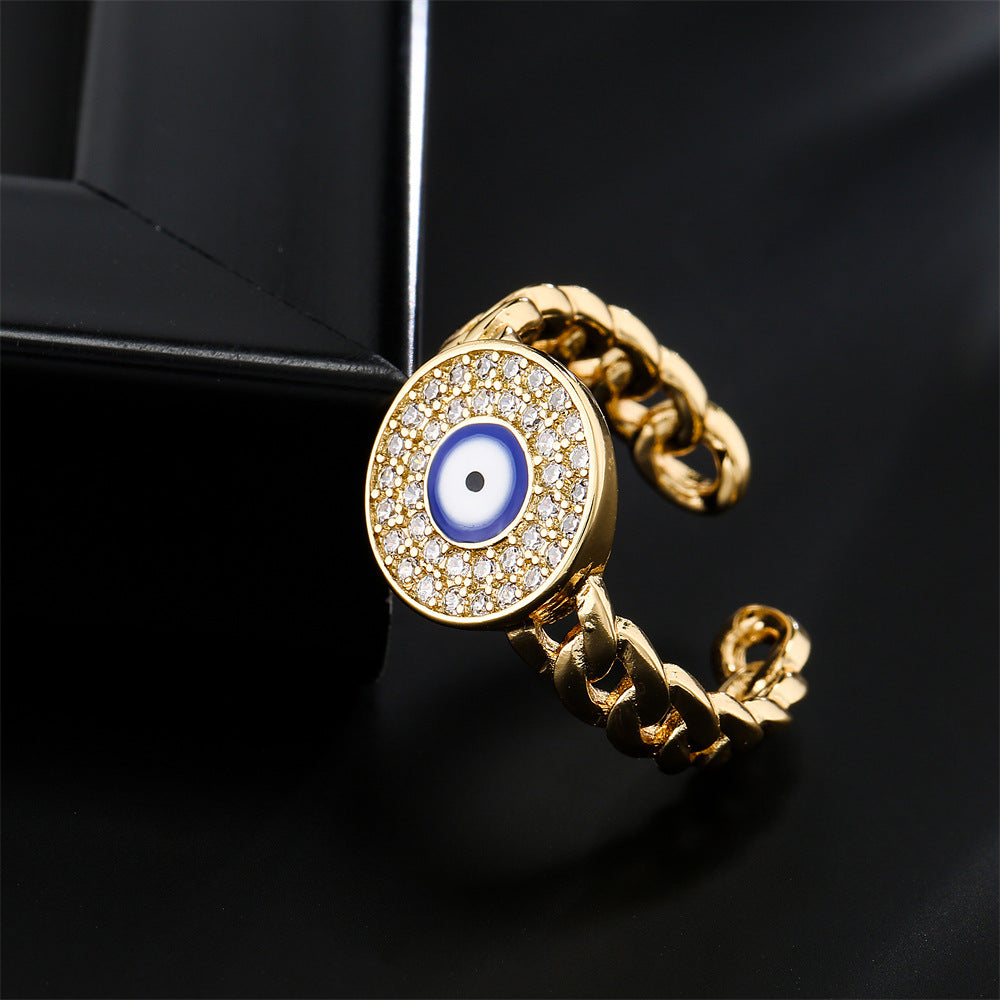 Anello Minimalista Geometrico Aperto da Motociclista in Rame con Occhio di Allah in Smalto e Intarsio di Zirconi