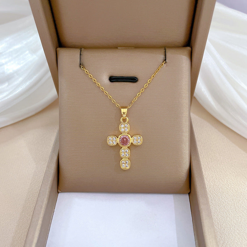 Collana con ciondolo a croce minimalista da donna e uomo in acciaio inossidabile con intarsio di strass su catena a serpente