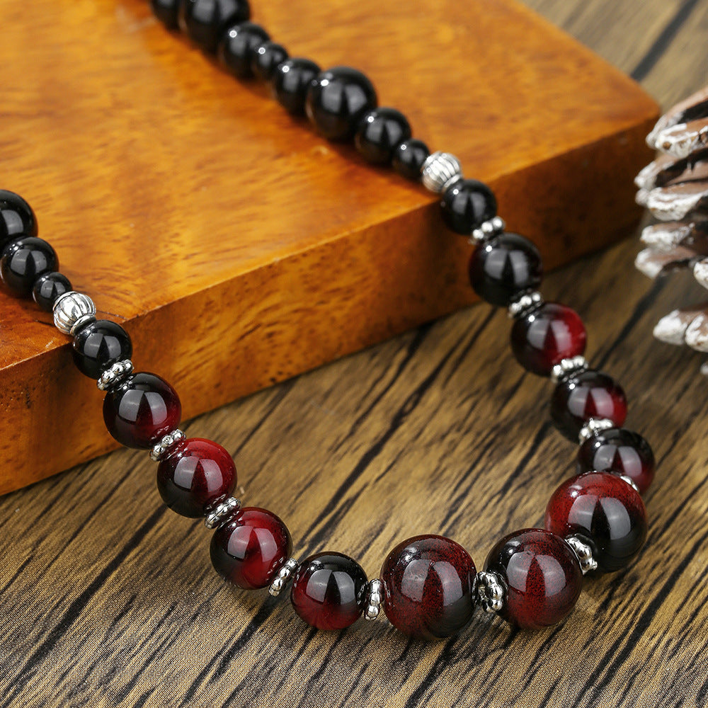 Hip-hop Punk Vintage Geometric Round Black Diamond Tiger's Eye Handmade Beaded Necklace Cable Chain Unisex