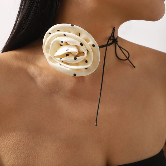 Sweet Floral Rose Choker Necklace with Satin Polka Dot Fabric Pendant and Bow Knot Tie Detail for Women