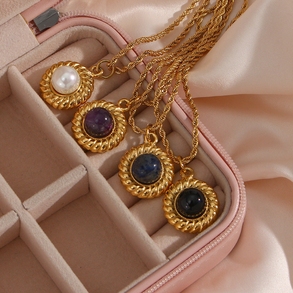 Collana con Pendente Vintage di Agata Geometrica in Acciaio Inox, Placcatura in Oro 18K e Catena Ondulata
