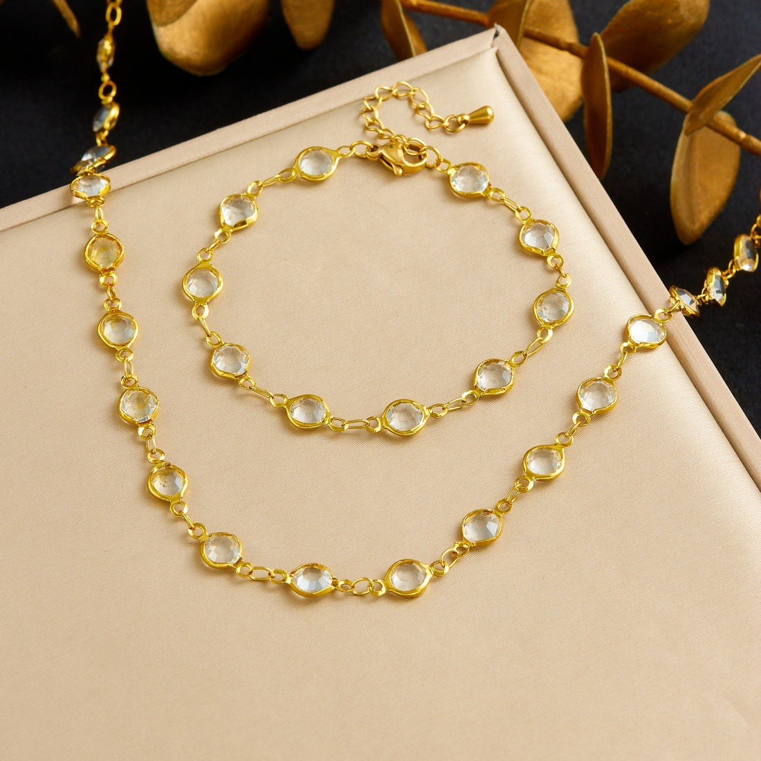 Minimalist Gold Plated Stainless Steel Round Crystal Rhinestone Jewelry Set for Women