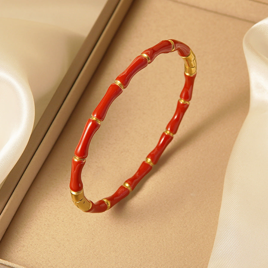 Braccialetto Minimalista in Acciaio Inossidabile con Motivo a Bambù Geometrico e Smalto a Goccia, Placcato Oro 18K