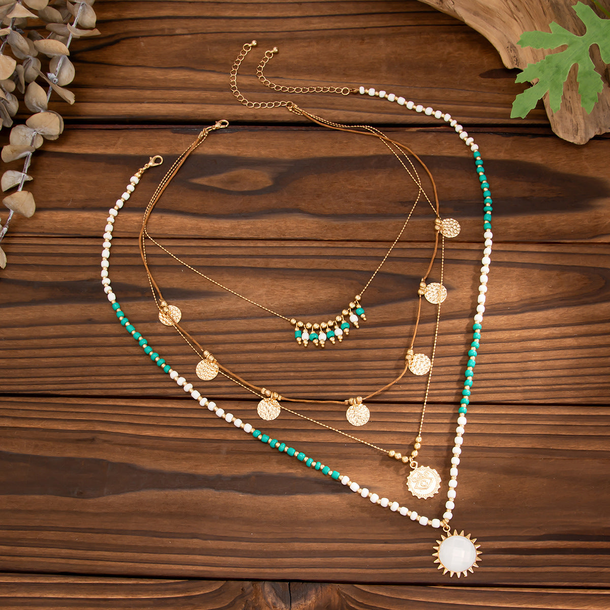 Bohemian Geometric Round Alloy Pendant Plated Brass Multi-layer Necklace for Women