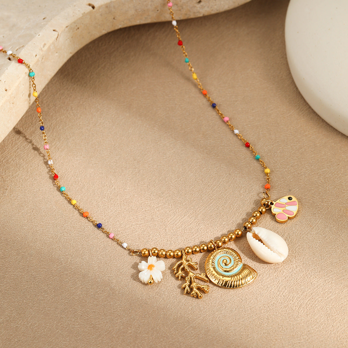 Fashion Minimalist Geometric Stainless Steel Plated Necklace for Women with Colorful Enamel Accents