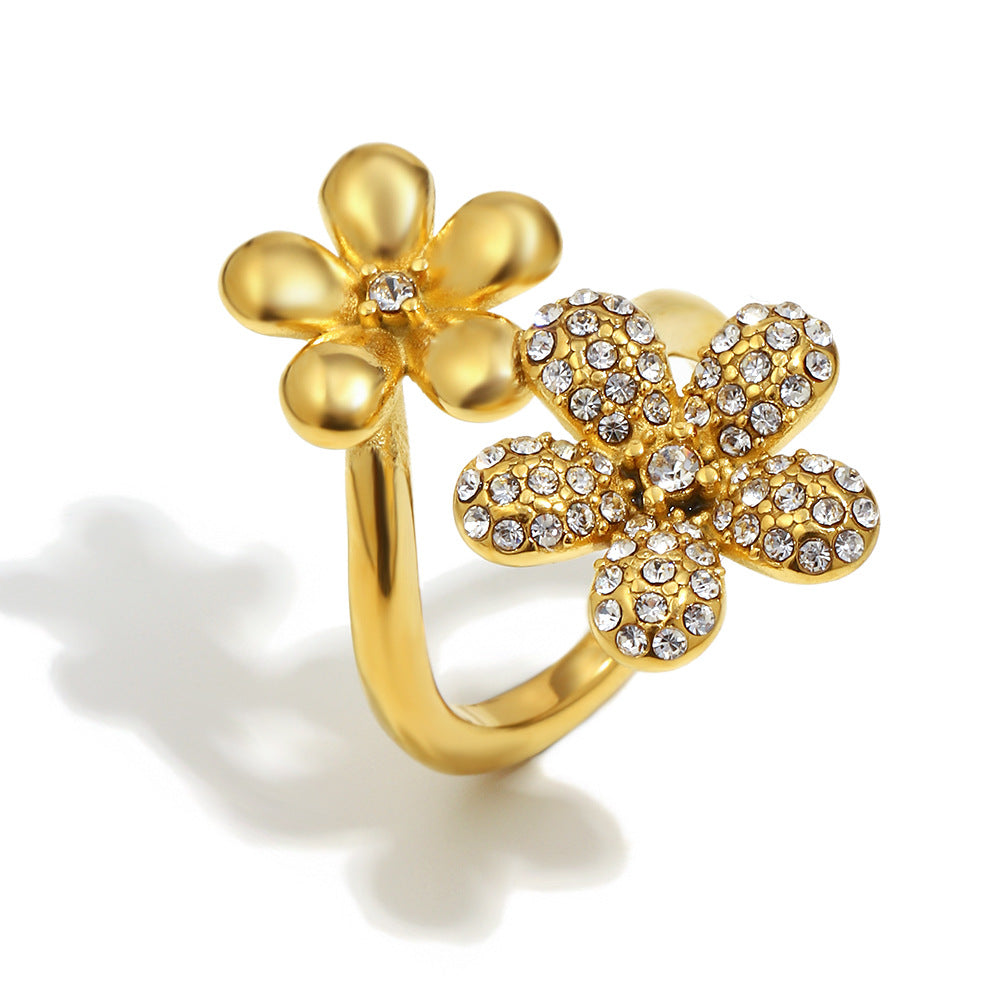 Minimalist Floral Stainless Steel Plated 18K Gold Zirconia Ring for Women