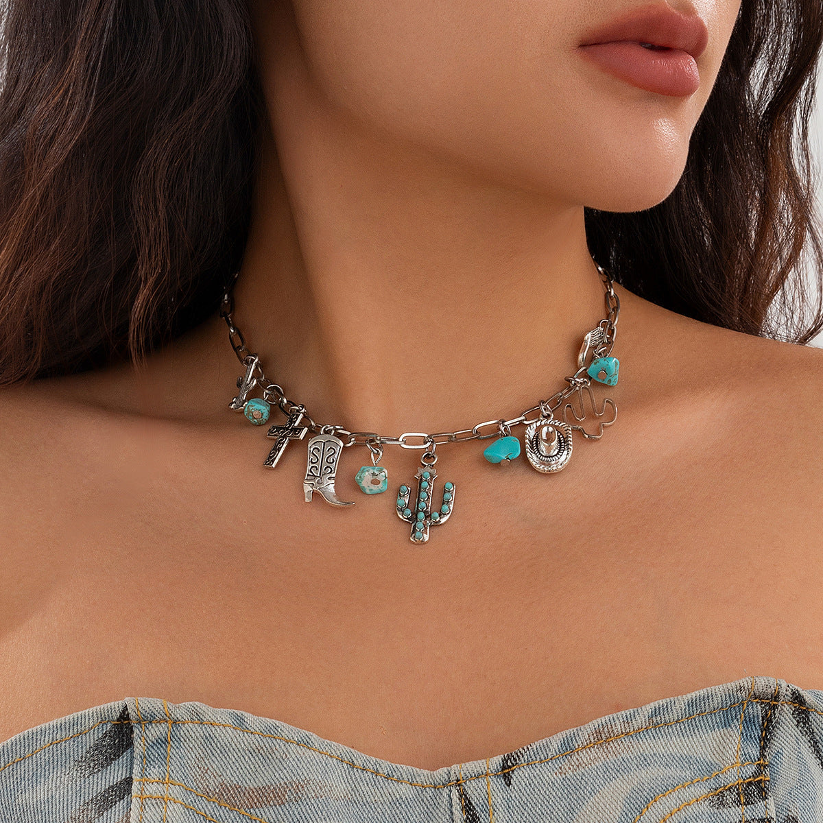 Vintage Geometric Pendant Necklace with Cross and Star Motifs in Alloy with Plated Finish for Women