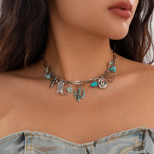 Collar con Colgante Geométrico Vintage con Motivos de Cruz y Estrella en Aleación con Acabado Chapado para Mujer