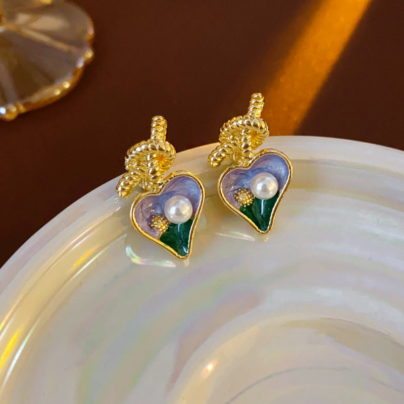Vintage Floral and Geometric Enamel Earrings for Women with Gold-Plated Brass Base and Stainless Steel Posts