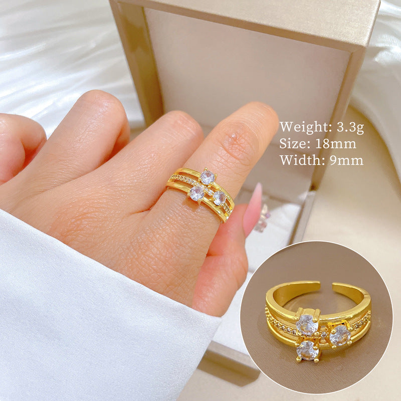 Minimalist Geometric Gold-Plated Brass Open Ring for Women with Crown Shape and Rhinestone Inlay