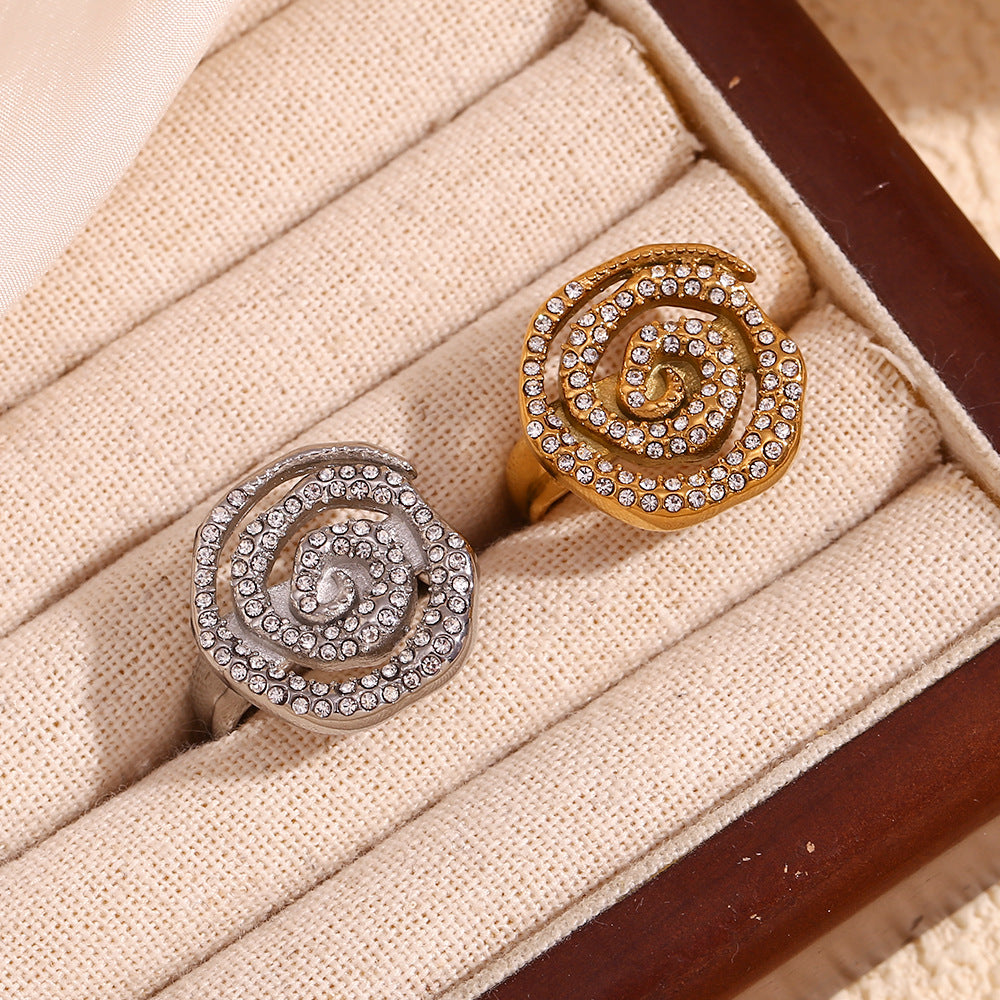 Minimalist Geometric Spiral Open Ring for Women in Stainless Steel with 18K Gold Plating and Full Rhinestone Inlay