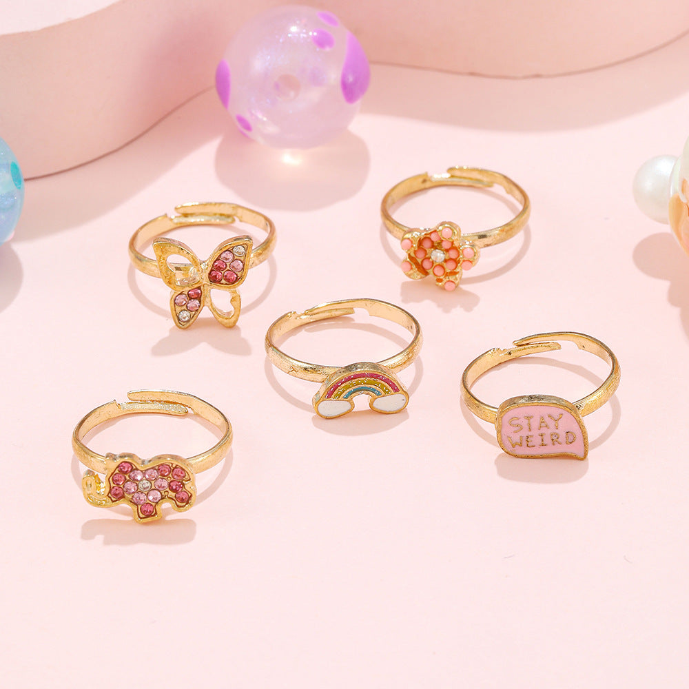 Anello Regolabile per Bambini a Cartone Animato con Farfalla Arcobaleno in Lega con Finitura Smaltata e Intarsio di Strass
