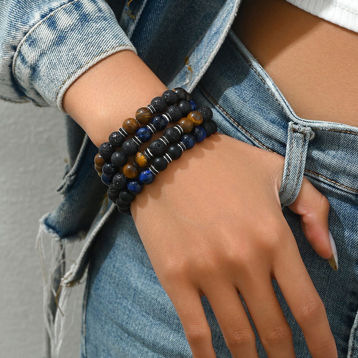 Conjunto de pulseras geométricas vintage con cuentas para unisex con cuentas de piedra natural de 10 mm, diseño ensartado a mano.