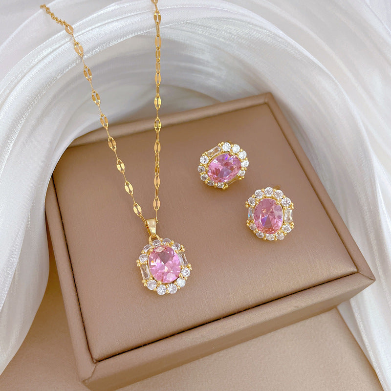 Luxury Geometric Rhinestone Titanium Steel Necklace Earrings Ring Set