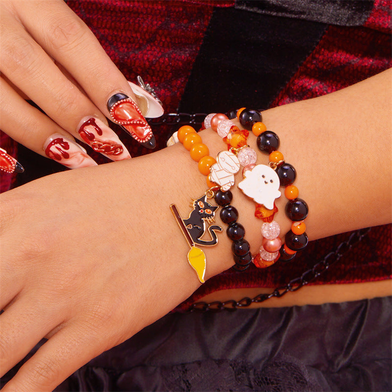 Pulsera elástica de calabaza y fantasma con temática de Halloween para mujer, con construcción de aleación, acabado galvanizado y diseño elástico, accesorio de moda informal