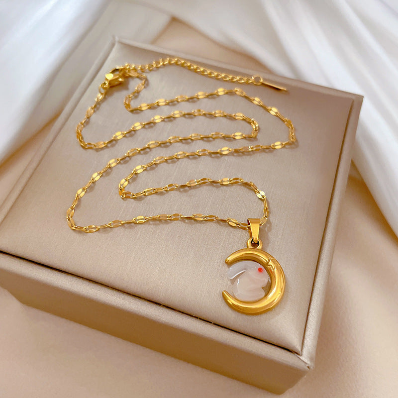Collar con colgante minimalista de luna y conejo de acero de titanio para mujer, cadena con medallón geométrico, a la moda para la oficina