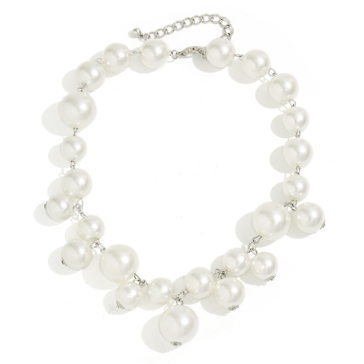 Minimalist Geometric Pendant Necklace for Women with Imitation Pearl Drop and Electroplated Metal Ball Tassels on Beaded Chain