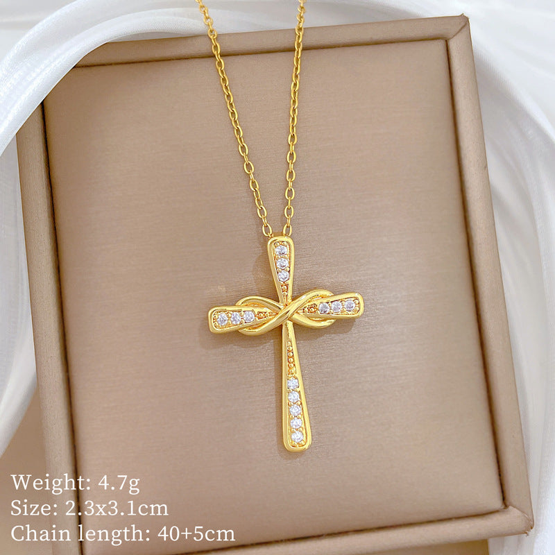 Sweet Twisted Cross Rhinestone Titanium Steel Necklace for Unisex