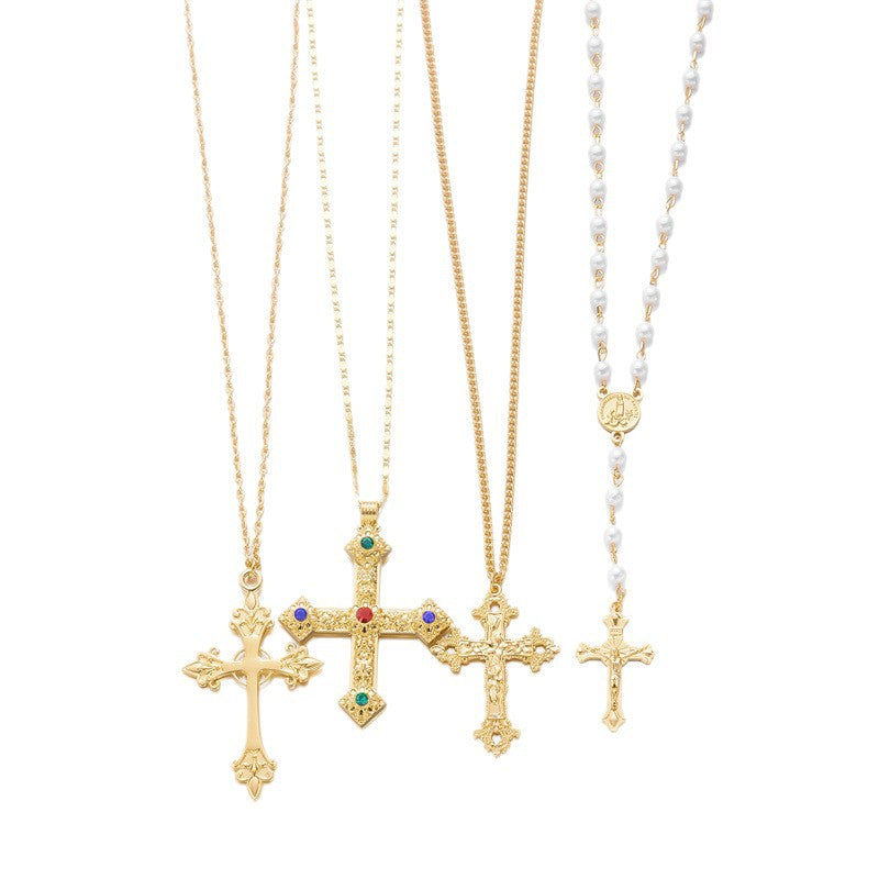 Collana pendente a croce geometrica hip-hop con catena in lega placcata e perle finte, unisex