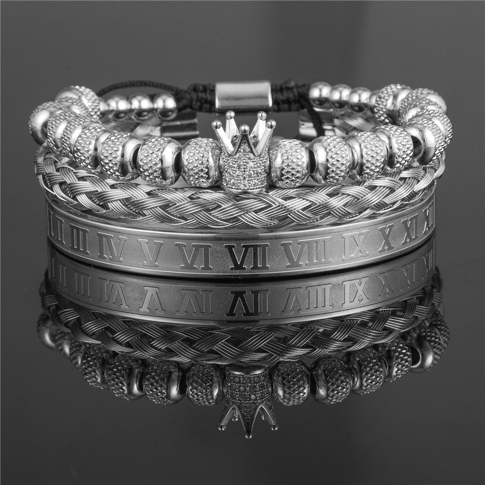 Vintage Crown Geometric Micro-inlay Stainless Steel Mesh Open Cuff Bracelet Set for Unisex