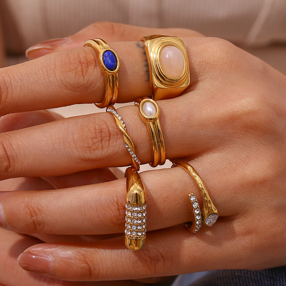 Fashionable Vintage French-Style Geometric Stainless Steel Ring Set for Women with 18K Gold Plating and Micro-Pave Detailing