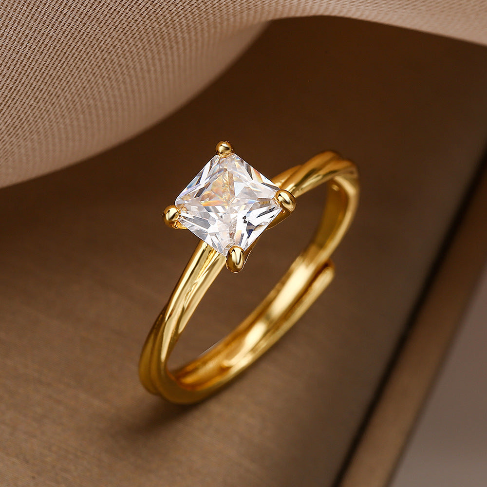 Minimalist Geometric Gold Plated Brass Ring with Cubic Zirconia for Women