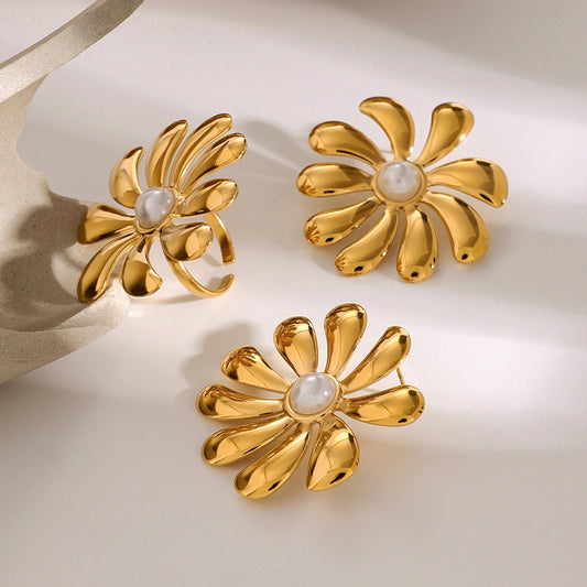 Fashion 18K Gold Plated Stainless Steel Sunflower Pearl Open Ring Floral Stud Earrings for Women