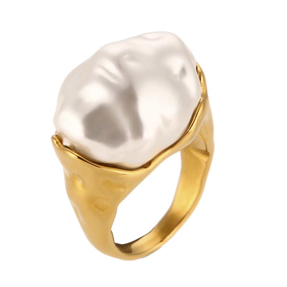 Vintage Geometric Stainless Steel Ring with 18K Gold Plating and Acrylic Accent for Women