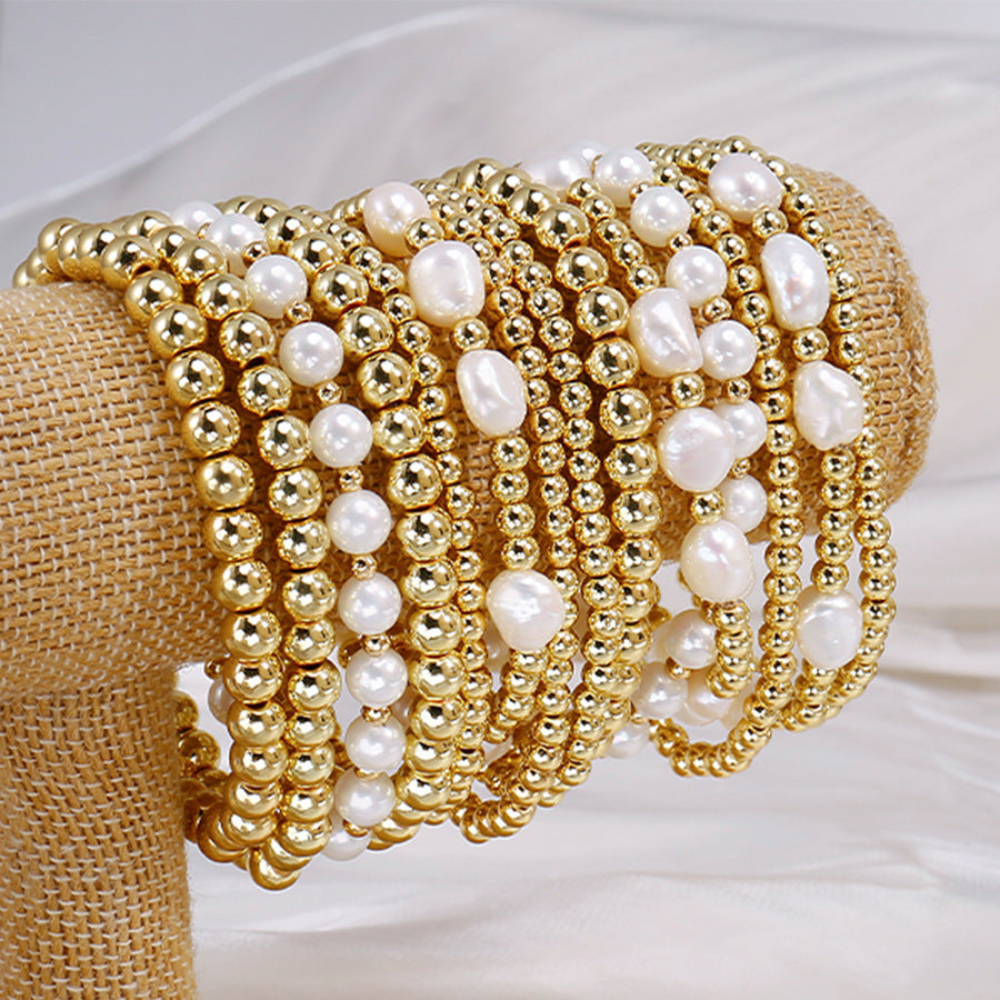 Elegant Gold Plated Hematite Elastic Bracelet with Baroque Imitation Pearls Geometric Multi-Layer Design for Women