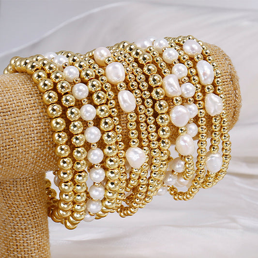Elegant Gold Plated Hematite Elastic Bracelet with Baroque Imitation Pearls Geometric Multi-Layer Design for Women