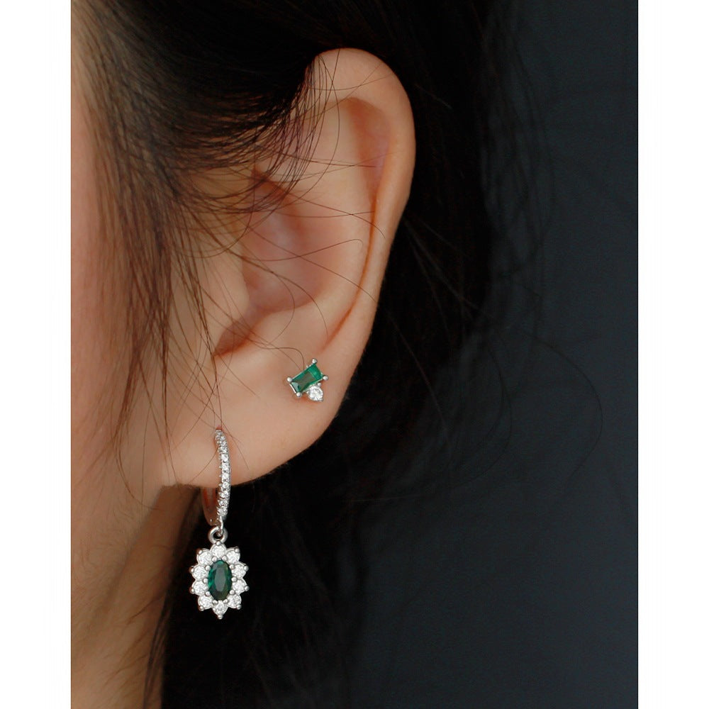 Fashionable Office-Style Geometric Silver Stud Earrings with Green Zircon Inlay and Rhodium Plating