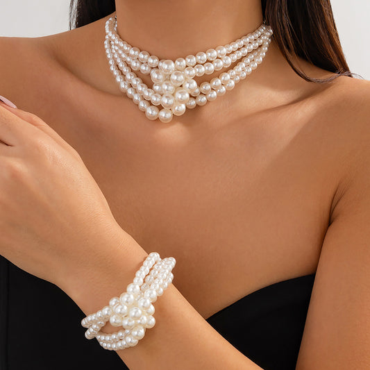 Collana da Donna Geometrica alla Moda Stile Perla Multi-Strato per Clavicole con Dettaglio Nodo e Nappe