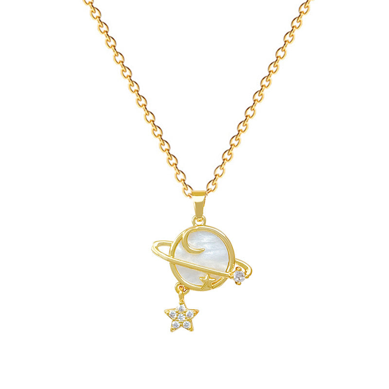Sweet Minimalist Star Moon Geometric Rhinestone Brass Pendant Titanium Steel Necklace for Unisex