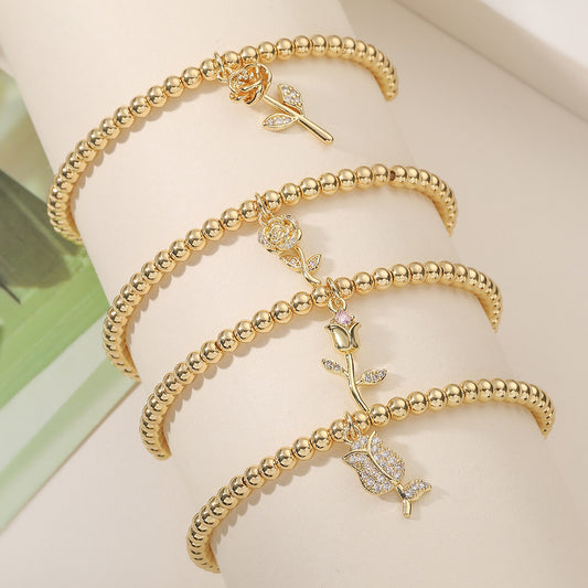 Fashion Geometric Rose 18K Gold Plated Brass Cubic Zirconia Pendant Bracelet for Women