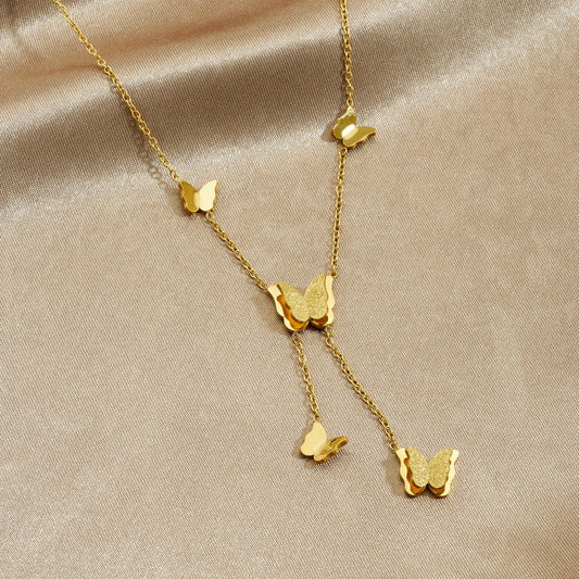 Minimalist Gold Plated Stainless Steel Butterfly Pendant Necklace with Tassel for Women
