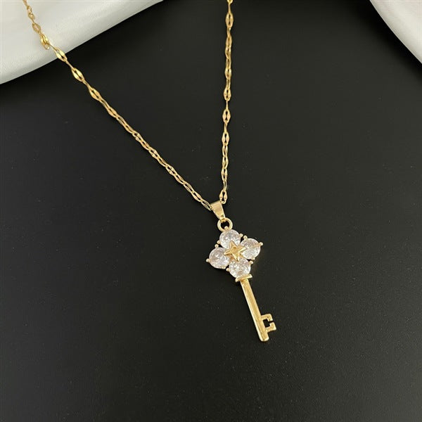 Retro-Style Key-Shaped Titanium Steel Necklace for Women with Plated Finish, Lip Chain Design, Tassel Pendant, Clavicle and Sweater Chain