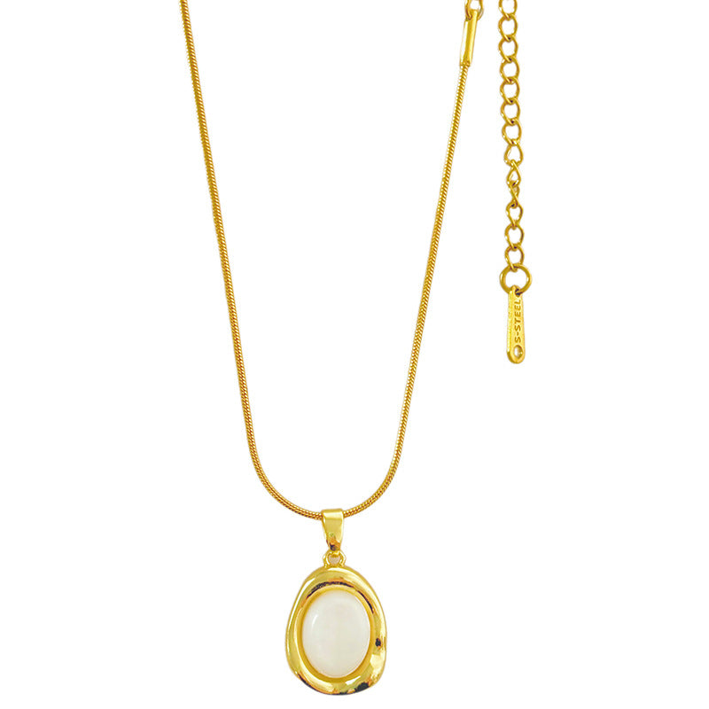 Vintage Elegant Round Geometric Pearl Brass Pendant Titanium Steel Plated Necklace Snake Chain