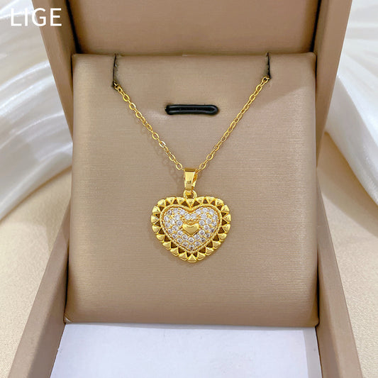 Sweet Minimalist Heart Geometric Rhinestone Titanium Steel Necklace for Unisex