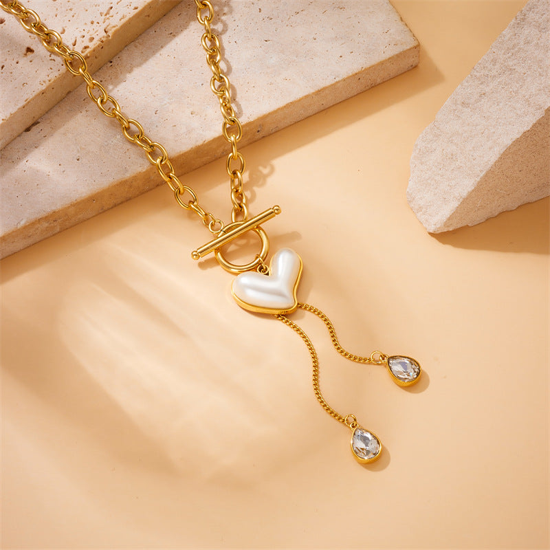 Vintage Fashion Pearl Heart Pendant Stainless Steel Gold Plated Necklace with Tassel and OT Clasp