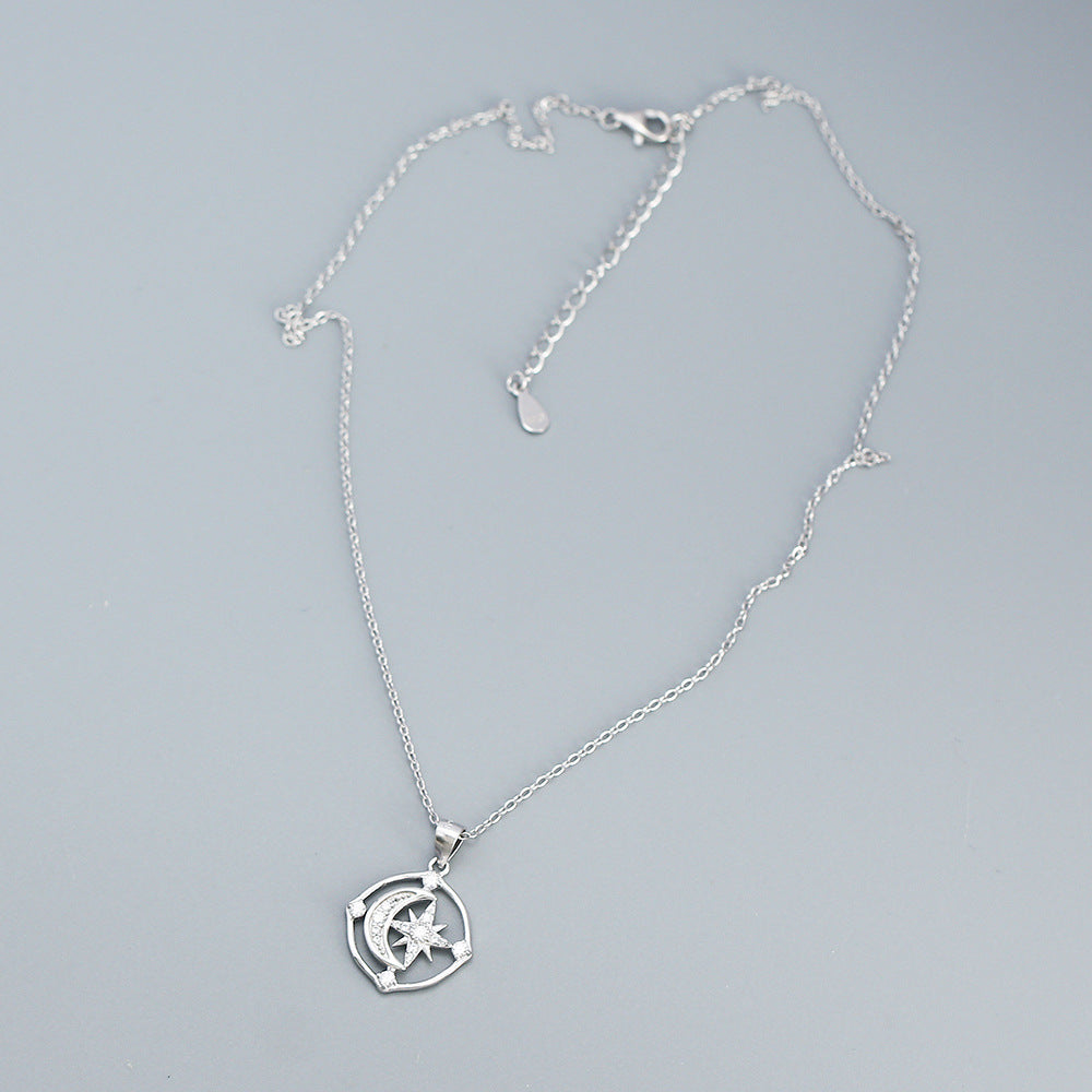 Minimalist 925 Sterling Silver Moon Star Cubic Zirconia Necklace Geometric Pendant Cable Chain for Women