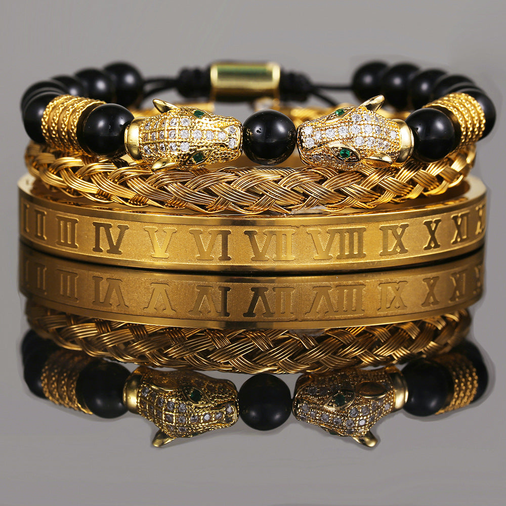 Personalized Double Leopard Head Black Agate Micro-set Cubic Zirconia Brass Stainless Steel Bracelet Set