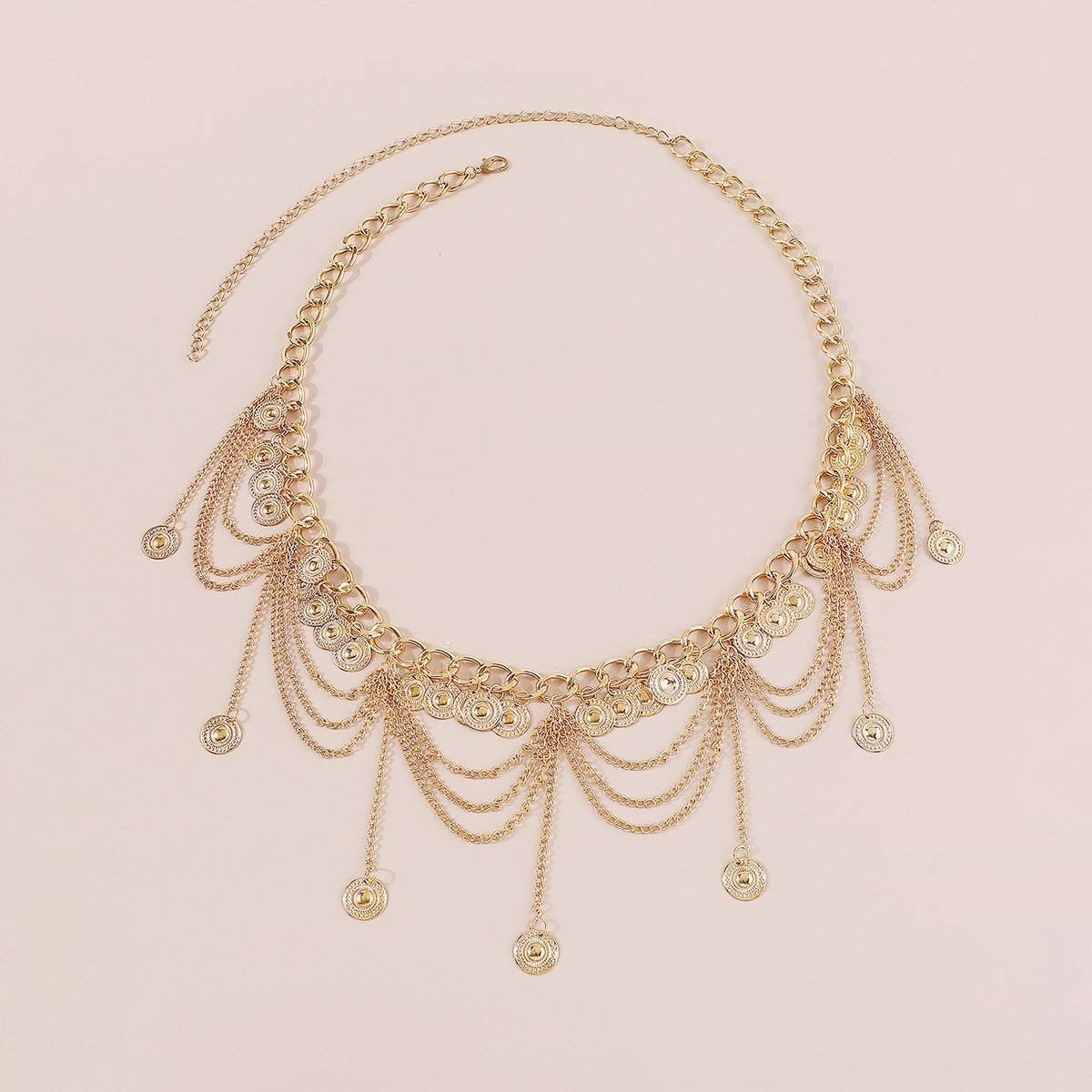 Cadena de cintura de metal étnica geométrica vintage para mujer con diseño hueco multicapa de hierro chapado