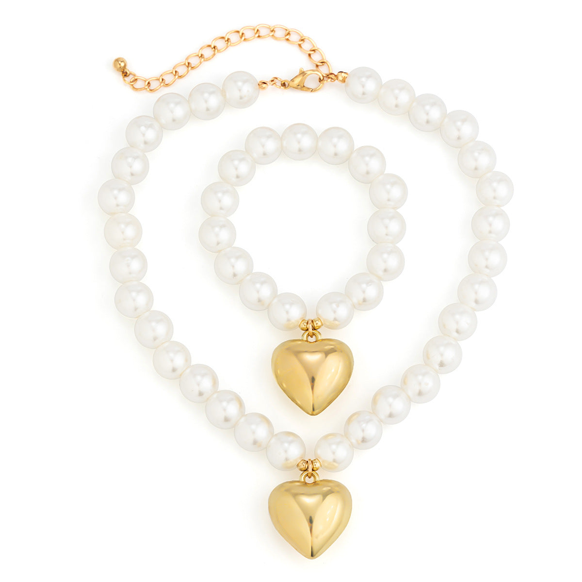 Geometric Heart-Shaped Alloy Pendant Necklace with Imitation Pearl Beads and Plated Finish for Women
