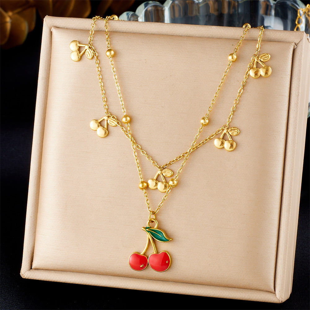 Sweet Cartoon Red Drip Oil Fruit Pendant Necklace Stainless Steel Serpentine Chain Women