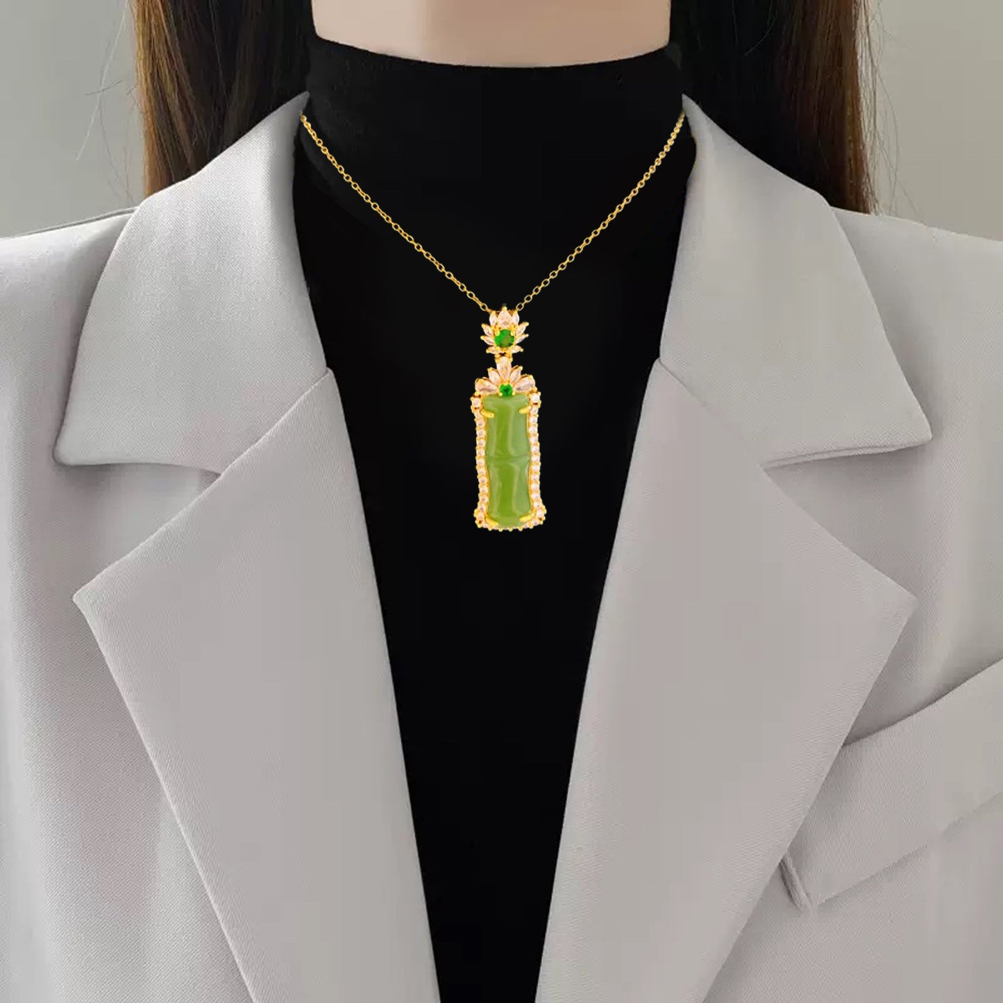 Vintage Sweet Green Bamboo Heart Plant Titanium Steel Plated Brass Pendant Necklace Cable Chain Unisex