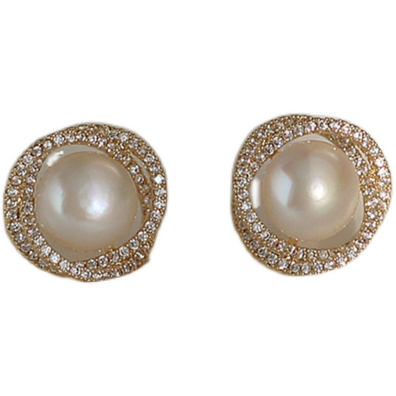 Orecchini a perno da donna geometrici minimalisti eleganti con intarsio di zirconi e perle