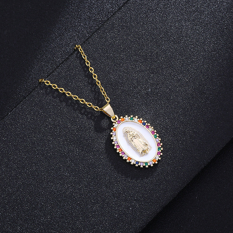 Collar con colgante vintage de María con incrustaciones de circonia colorida en esmalte, de cobre, con cadena tipo O, unisex