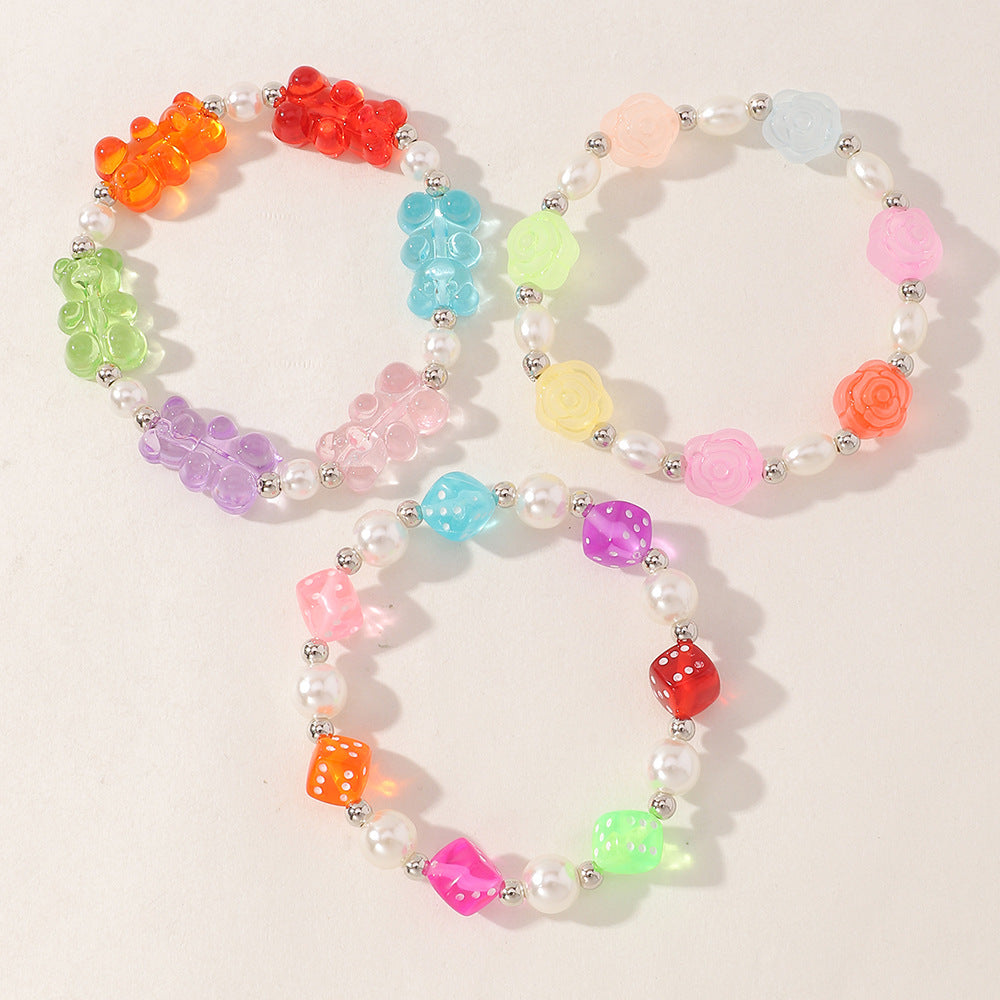 Pulsera de flores con dados de oso transparente de resina artesanal de color caramelo para niñas