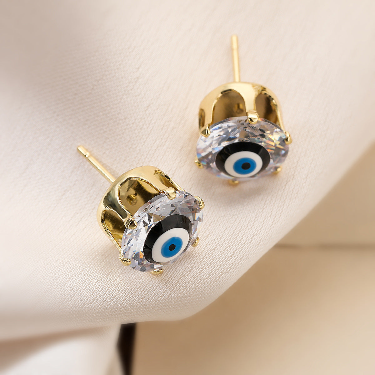 Minimalist Geometric Evil Eye Stud Earrings in Copper with Gold Plating and Zircon Inlay